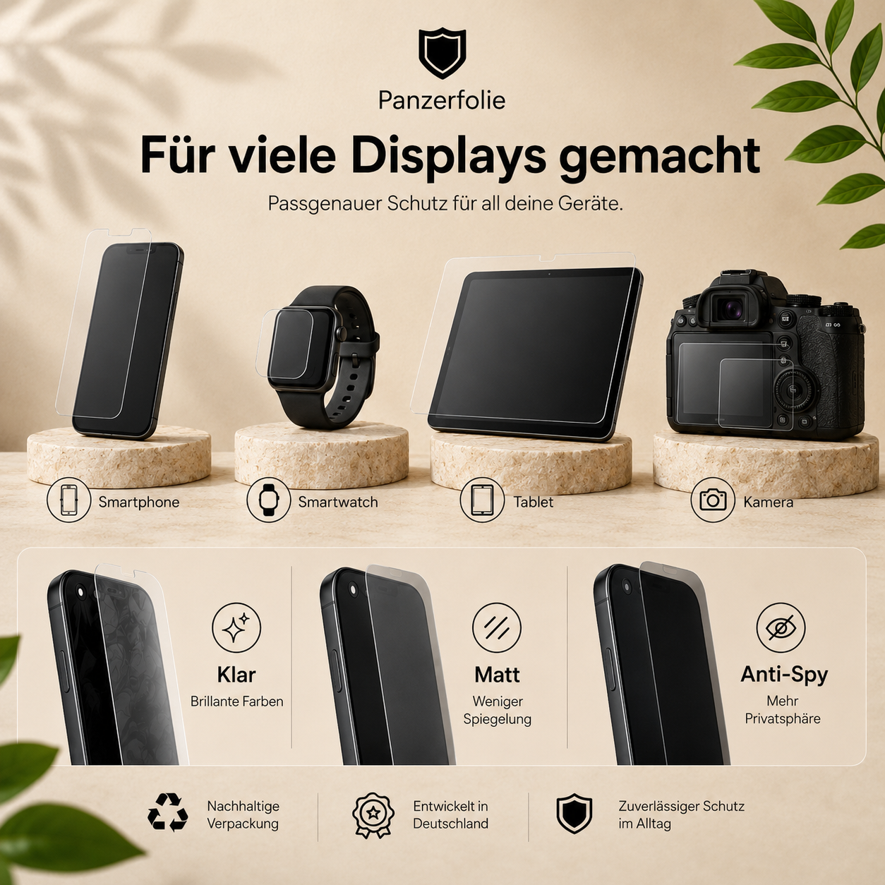 Panzerfolie Produktverpackung mit Smartphone, Smartwatch und Tablet